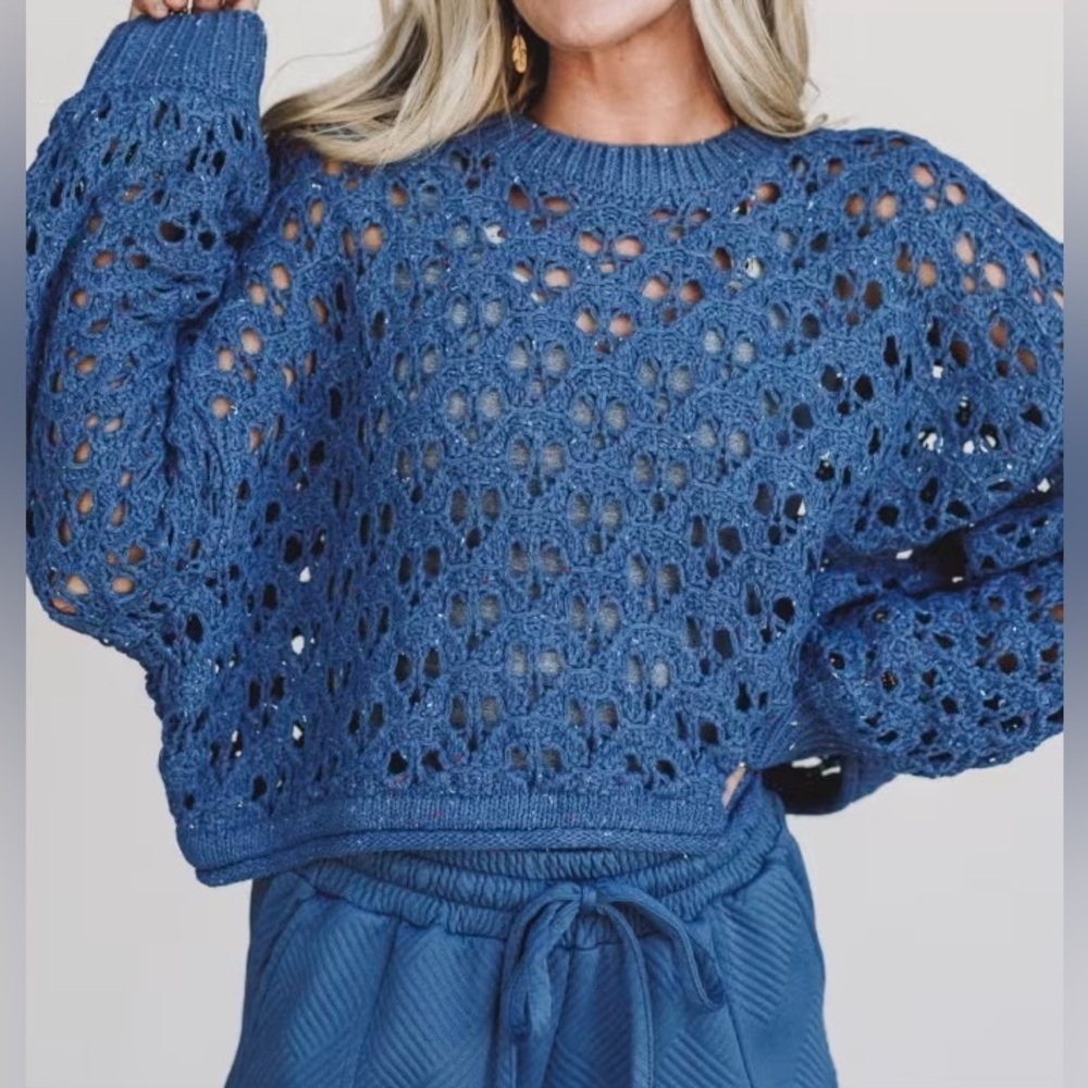 NWT Open Knit Speckled Cropped Balloon Sleeve Sweater Top Navy - Picture 7 of 10